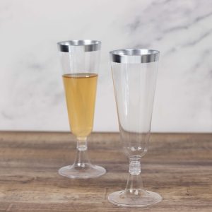 12-Pack Plastic Champagne Flutes 5oz Clear with Silver Rim - Disposable Toasting Glasses with Detachable Base 6"