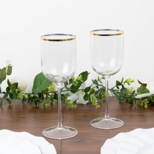 12-Pack Clear Plastic Wine Glasses with Gold Rim – 12oz Elegant Disposable Long Stem Goblets - 9"