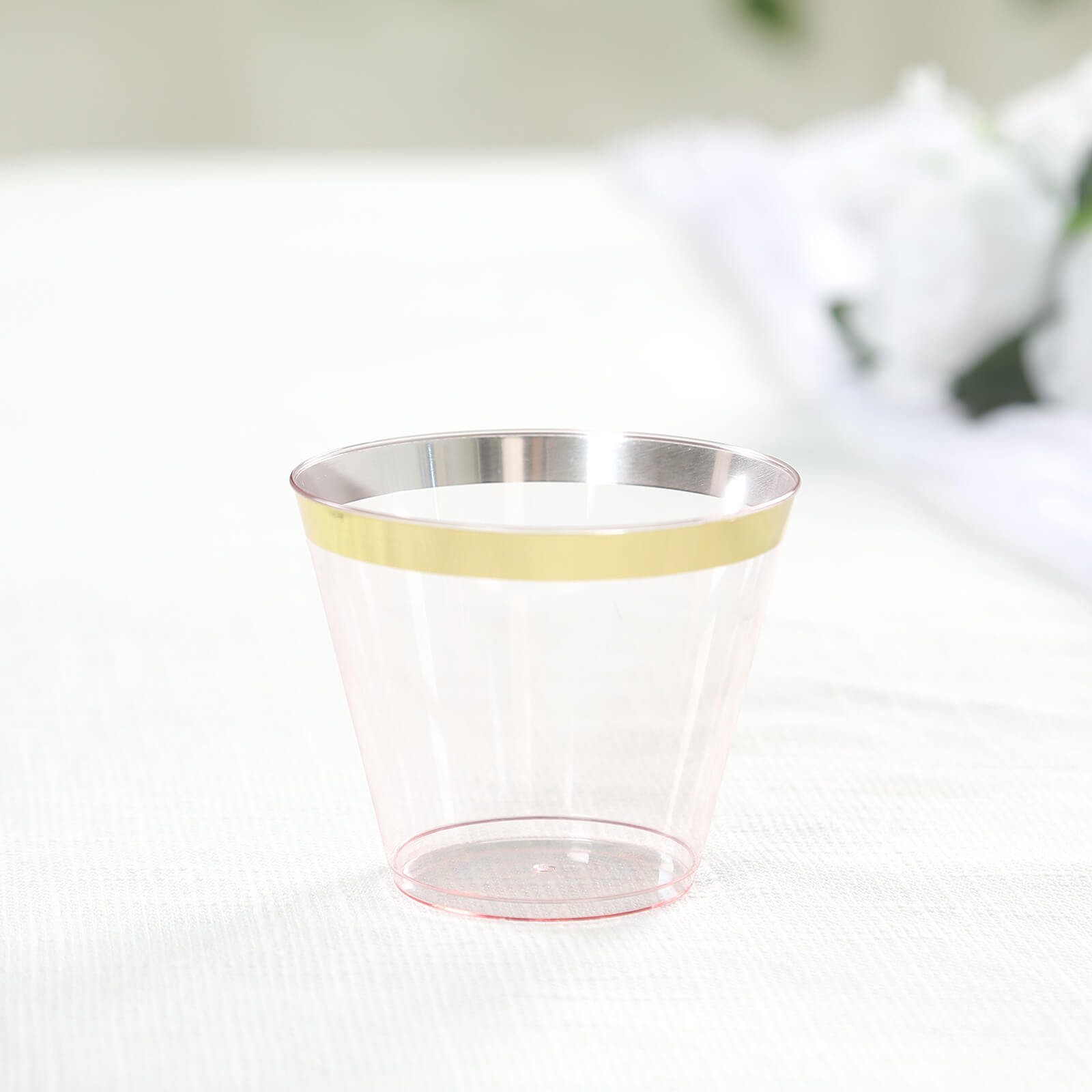25-Pack Plastic Party Cups 9oz Transparent Blush Crystal with Gold Rim - Short Disposable Drink Tumblers